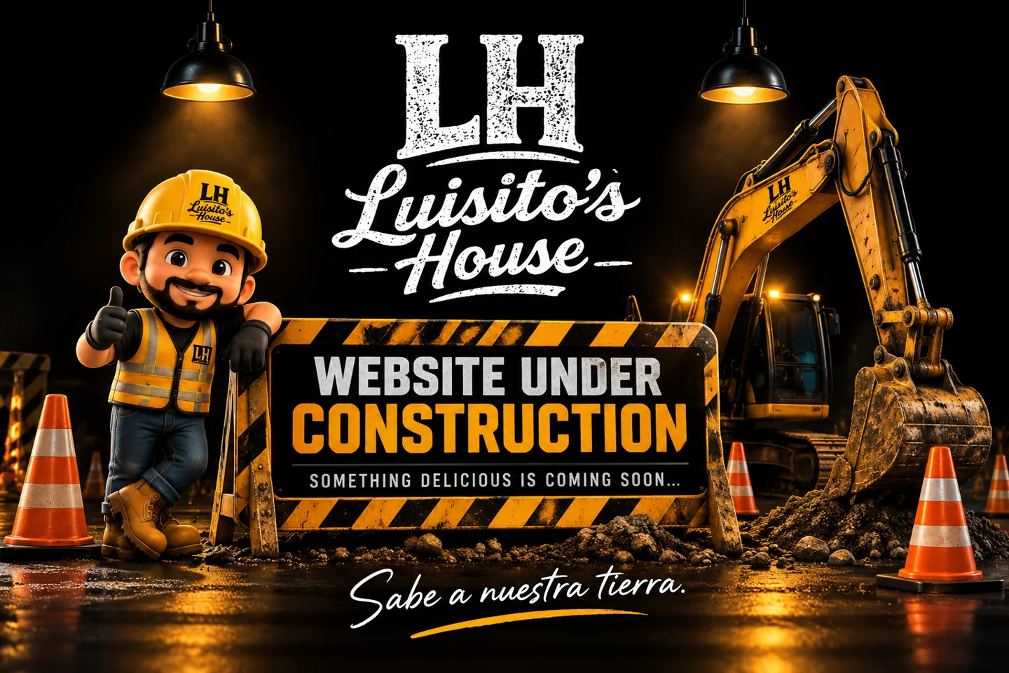Logo de Luisito's House, trabajador con casco, excavadora y aviso Website Under Construction